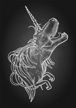 Tek boynuzlu at boynuz ve yele ile grafik tyrannosaurus.