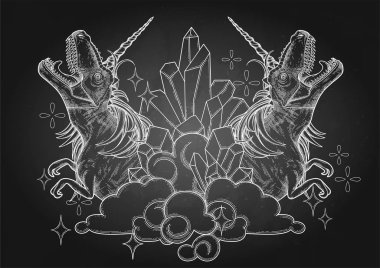 Tek boynuzlu at boynuz ve yele ile grafik tyrannosaurus.