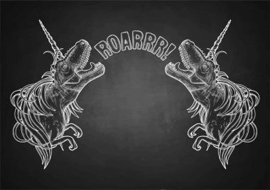 Tek boynuzlu at boynuz ve yele ile grafik tyrannosauruses