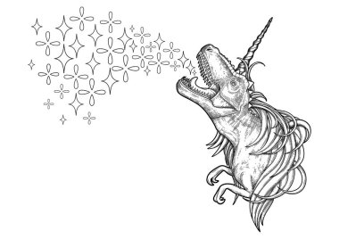 Tek boynuzlu at boynuz ve yele ile grafik tyrannosaurus.