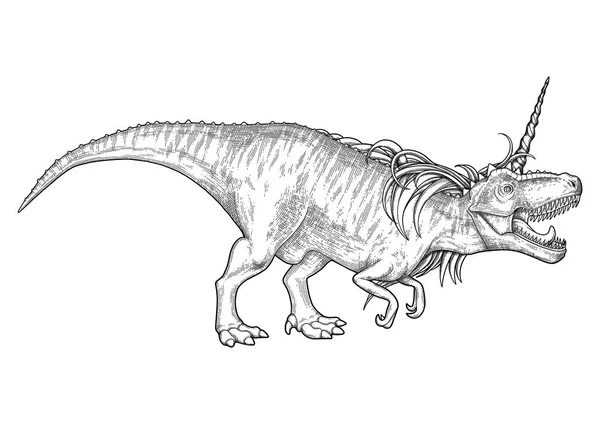 Grafischer Tyrannosaurus mit Einhornhorn und Mähne. — Stockvektor