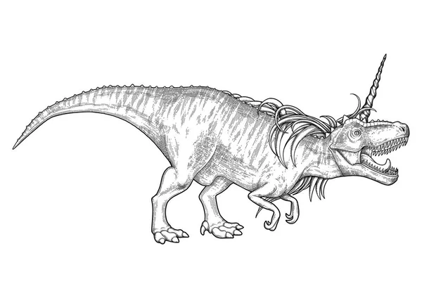 Графический тираннозавр с рогом единорога и гривой . — стоковый вектор