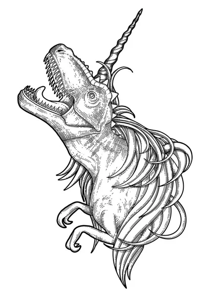 Графический тираннозавр с рогом единорога и гривой . — стоковый вектор