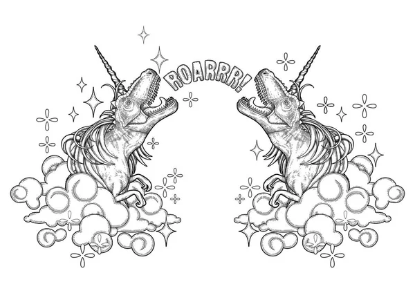 Tek boynuzlu at boynuz ve yele ile grafik tyrannosaurus.