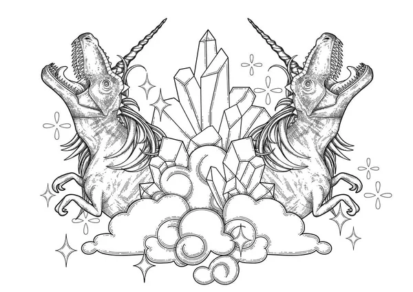 Tek boynuzlu at boynuz ve yele ile grafik tyrannosaurus.