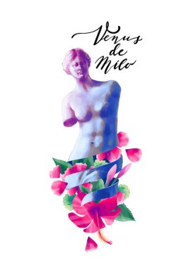 Venüs de Milo heykel ve albizia çiçekler