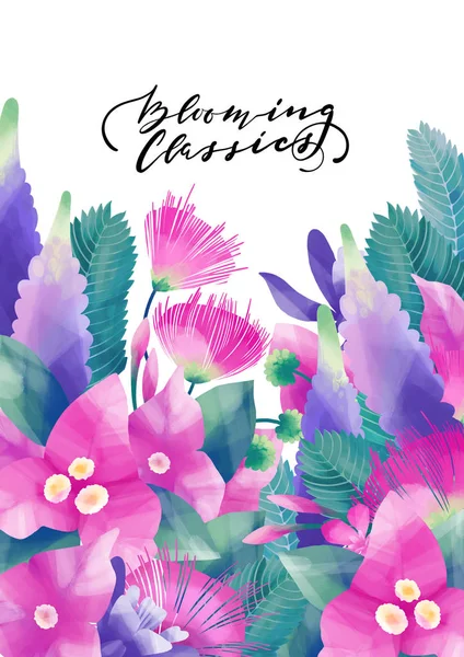 Pastelowe kolorowe wzornictwo z egzotycznych liści i kwiatów — Zdjęcie stockowe