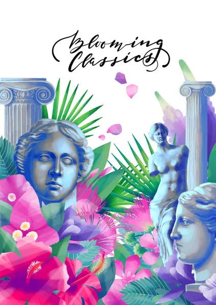 Konstrukcja z Wenus z Milo rzeźby, kolumny i kwiaty — Zdjęcie stockowe