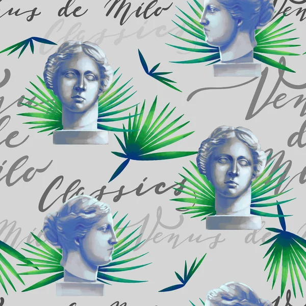 Diseño con esculturas Venus de Milo, hojas de palma y guion — Foto de Stock
