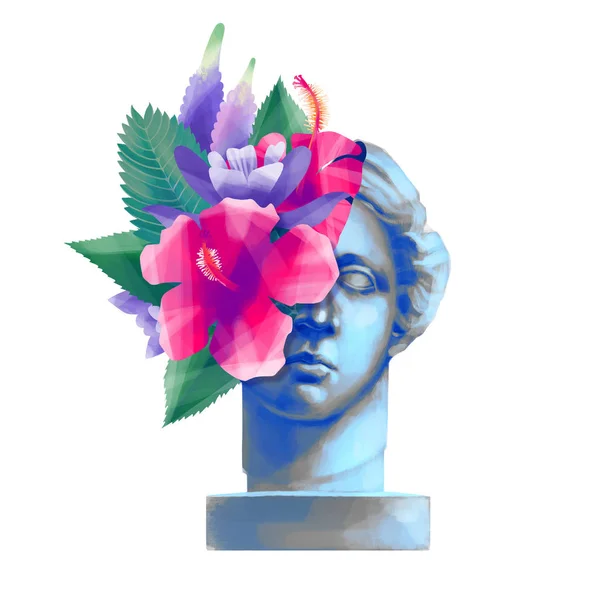 Estatua de Venus de Milo con piel cortada y flores exóticas —  Fotos de Stock