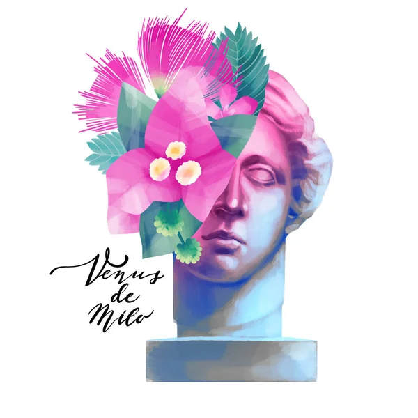 Estátua de Vênus de Milo com pele cortada e flores exóticas — Fotografia de Stock