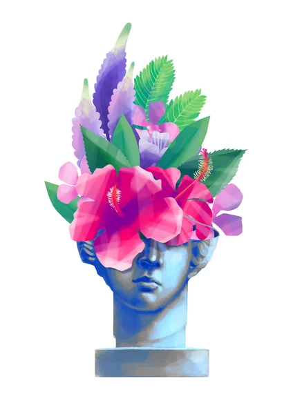 Socha Venuše de Milo s broušená kůže a exotické květiny — Stock fotografie