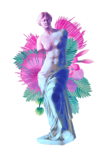 Venus van Milo standbeeld en albizia bloemen — Stockfoto