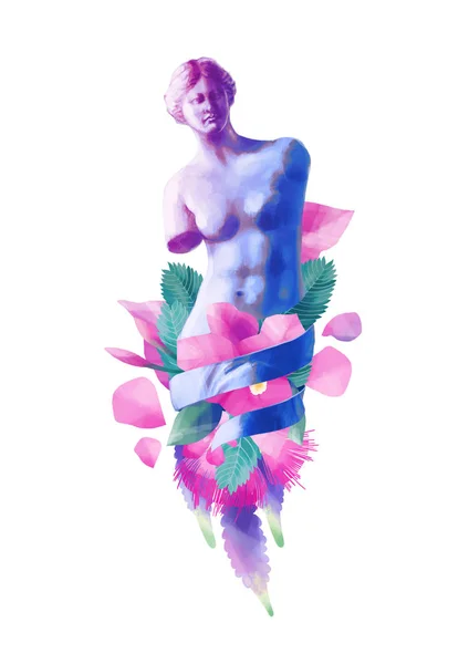 Venus van Milo standbeeld en albizia bloemen — Stockfoto