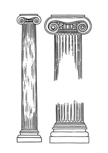 Ordre ionique antique Colonnes dessinées dans la technique de gravure — Image vectorielle