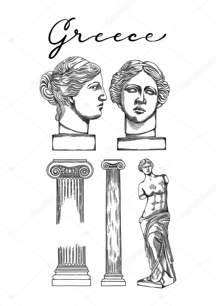 Collection of ancient columns and sculptures of Venus de Milo