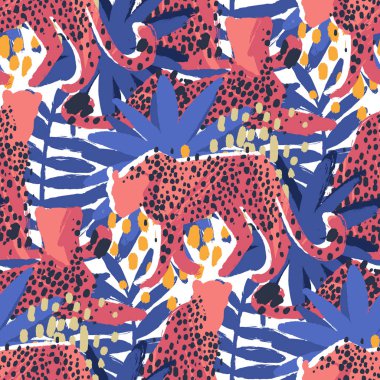 Vektör desen egzotik bitkiler tarafından çevrili Çita