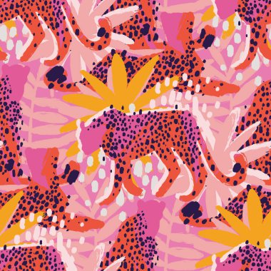 Dört grafik çitalar egzotik bitkiler tarafından çevrili farklı teşkil etmektedir. Canlı renkler kaba fırça ile çizilmiş vektör Afrika seamless modeli