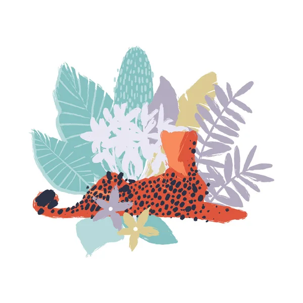 エキゾチックな植物に囲まれたベクトル グラフィック チーター — ストックベクタ