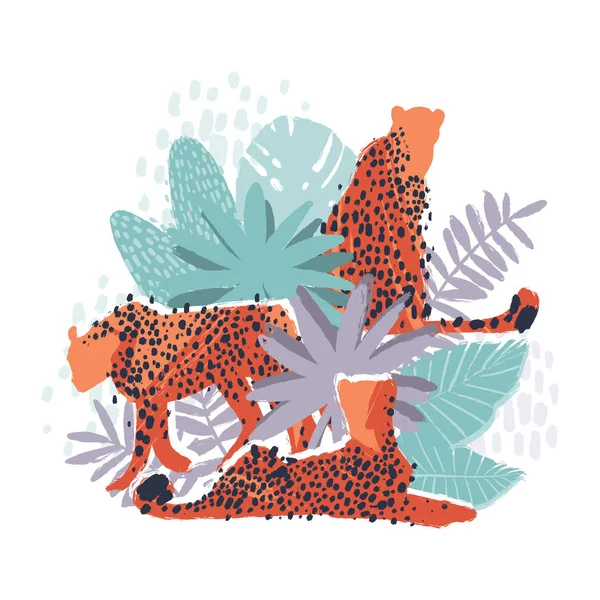 Vector graphic cheetah omgiven av exotiska växter — Stock vektor