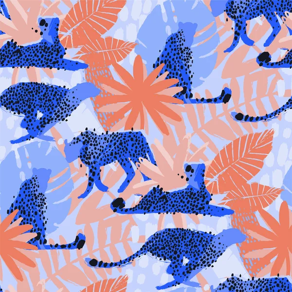 Vector patroon van cheeta's omringd door exotische planten — Stockvector