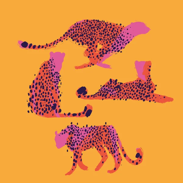 Colección gráfica de guepardos dibujados con pincel áspero — Archivo Imágenes Vectoriales