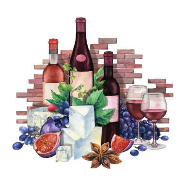 Watercolor wine glasses and bottles decorated with delicious food clipart