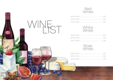 Suluboya şarap gözlük ve şişe lezzetli yemekleri ile dekore edilmiş