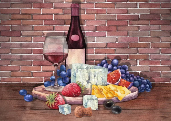 Watercolo rwine skla a láhev zdobené výborné jídlo — Stock fotografie