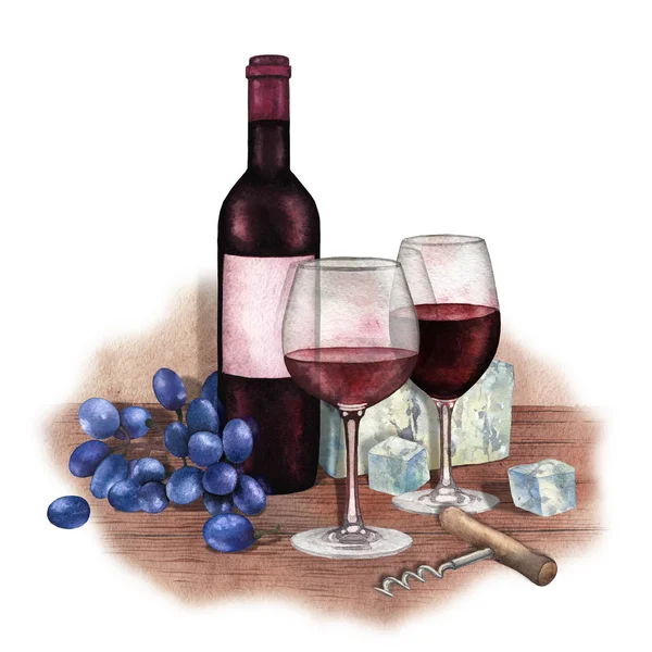 Dois copos de aguarela de vinho tinto, garrafa, uvas, queijo e saca-rolhas — Fotografia de Stock
