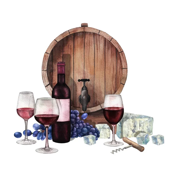 Aquarellgläser mit Rotwein, Flasche, Trauben, Fass, Käse und Korkenzieher. — Stockfoto