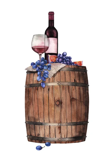 Copa de acuarela de vino tinto, botella, uvas e higos en el barril de madera — Foto de Stock