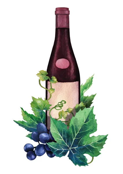 Aquarell-Flasche Rotwein mit Traubenblättern und Beeren verziert — Stockfoto