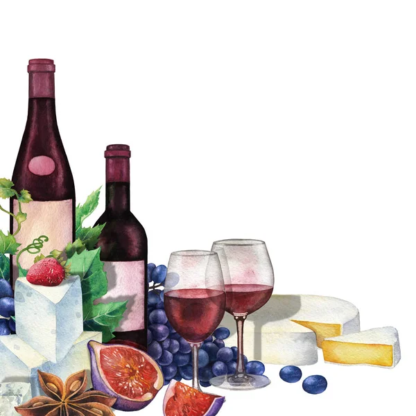 Copas de vino acuarela y botellas decoradas con deliciosa comida — Foto de Stock