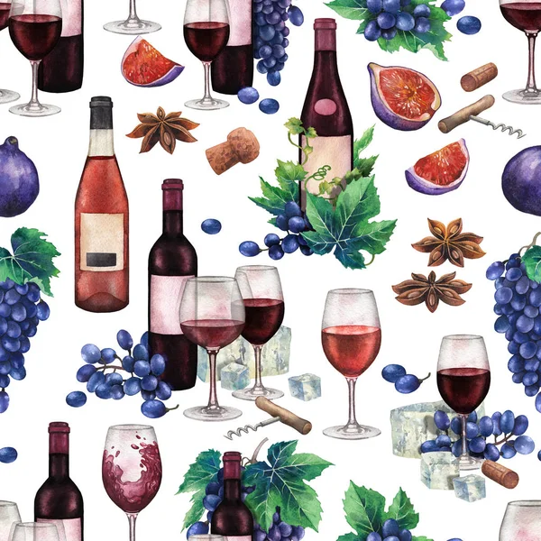 Verres à vin aquarelle rouge et bouteilles décorées avec de délicieux aliments — Photo