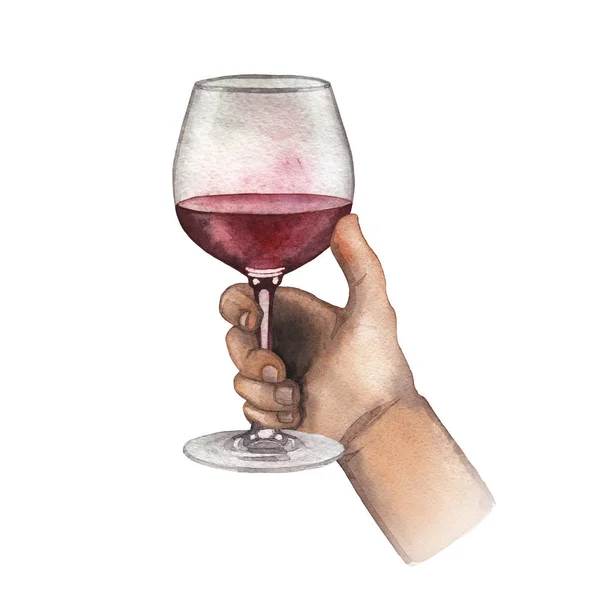 Акварель рука тримає червоне вино скло ізольовано на білому тлі — стокове фото