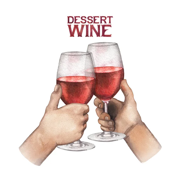 Дві акварельні руки тримають келихи червоного вина — стокове фото