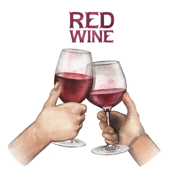 Due mani acquerello che tengono bicchieri di vino rosso — Foto Stock