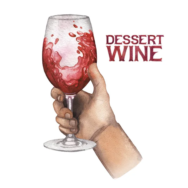 Акварель рука тримає келих червоного вина ізольовано на білому тлі — стокове фото