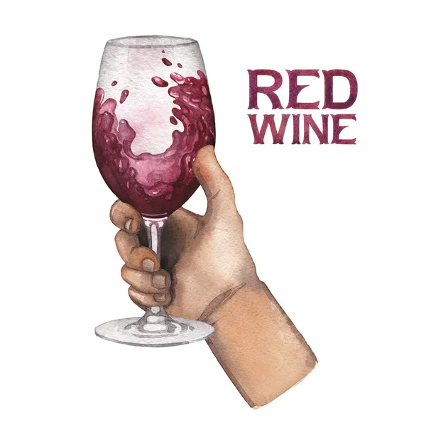 Watercolor hand holding glass of red wine isolated on white background — Stock Photo, Image