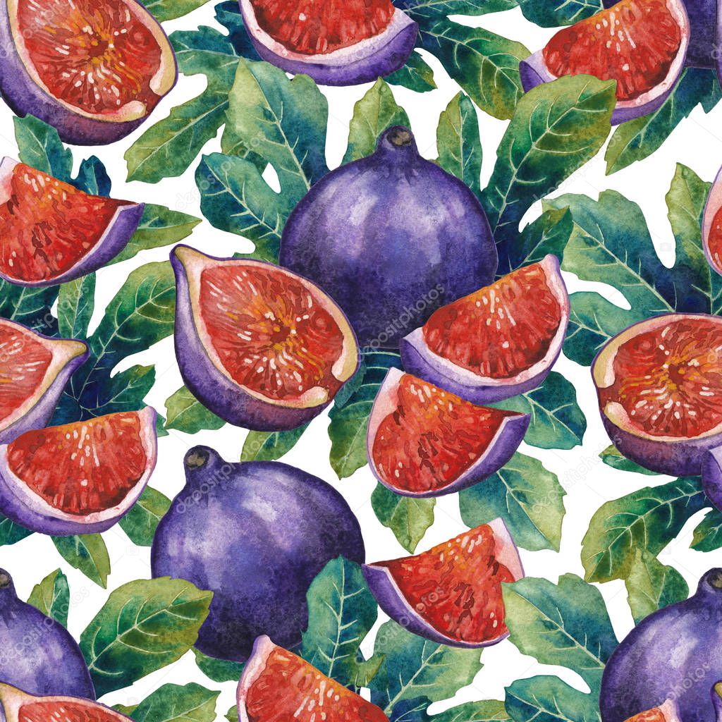 Seamless pattern of fig fruits and leaves.