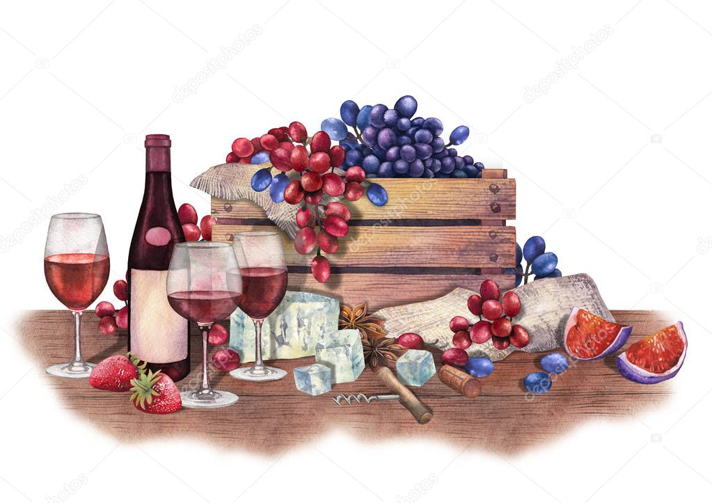 Watercolor red wine glasses and bottle decorated with delicious food