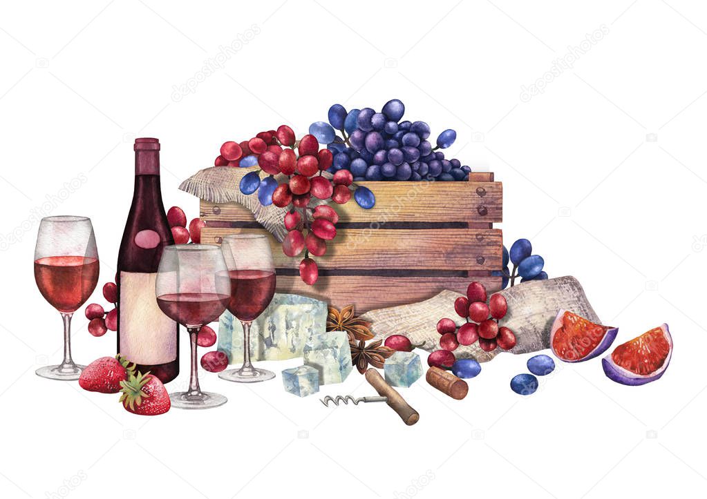 Watercolor red wine glasses and bottle decorated with delicious food