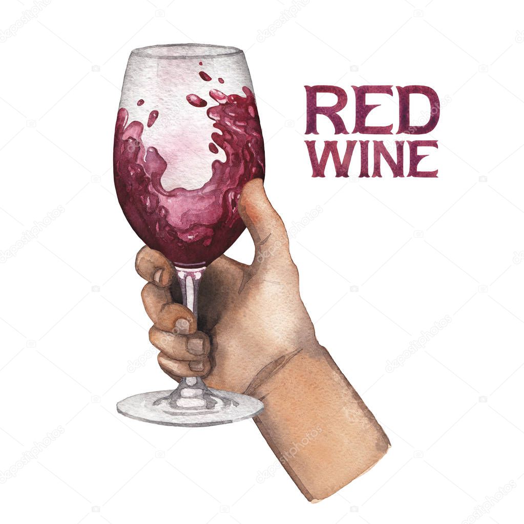 Watercolor hand holding glass of red wine isolated on white background
