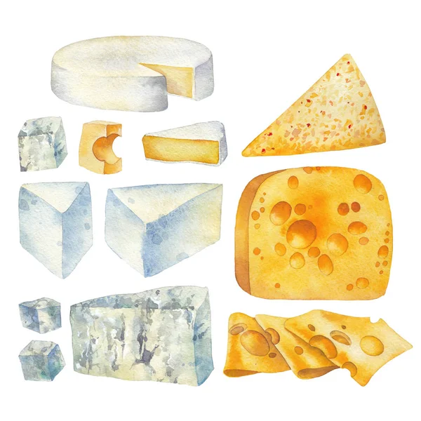 Aquarelle collection de différents types de fromage . — Photo