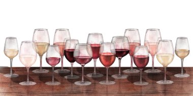 Watercolor row of red, white and rose wine glasses isolated on white background clipart