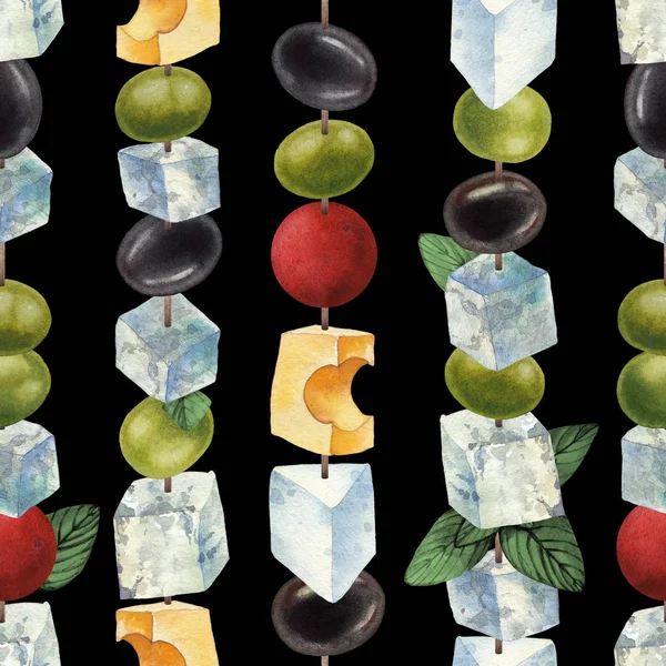 チーズ、オリーブ、チェリー トマトで作られた水彩画のカナッペ — ストック写真