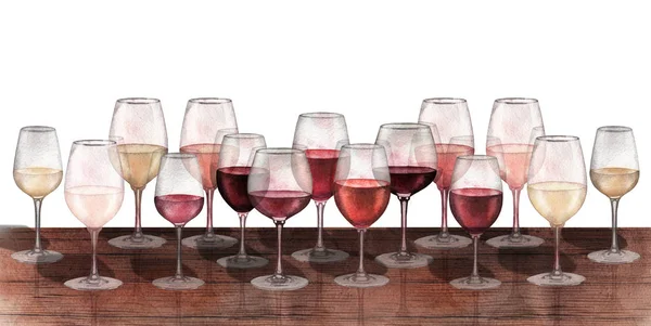 Fila de aquarela de taças de vinho vermelho, branco e rosa isoladas no fundo branco — Fotografia de Stock