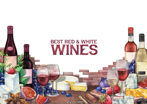 Copos de vinho aquarela e garrafas decoradas com comida deliciosa — Fotografia de Stock