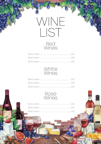 Akwarela wina kieliszków i butelek ozdobione pyszne jedzenie — Zdjęcie stockowe